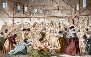 クリノリン工場：フープを敷く。1865年の彫刻。 作： Unknown artist