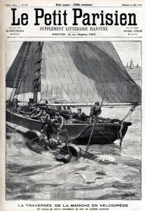 ベロシペードで袖を渡る：漁船が海上でジョルジュ・ピンカールを集め、彼が発明した水上ベロシペードで袖を渡るという賭けをした。ル・パリジャン」誌に掲載された版画 作： Unknown artist