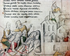 ムーア人の要塞を襲う十字架 トスカーナの詩「Febusso e Breusso」の挿絵 手稿 MS.B.R.45.15世紀 フィレンツェ、ナツィオナーレ・ビブリオテカ 作： Unknown artist