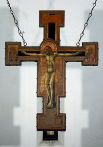 磔刑 十字架の裏に描かれた匿名の木画です。15世紀 ヴァラッツェ、カッペラ・デル・カステッロ・インブレア イタリア 作： Unknown artist