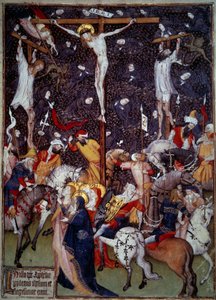 磔にされる。囚人の死体の周りを黒い天使が飛び回る。馬に乗ったローマ人が十字架の周りを回ってこの光景を眺めている。15世紀の写本のミニチュア。パリ、B.N. 作： Unknown artist