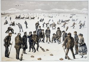 ハリファックス（ノバスコシア州）近くの凍った湖でのカーリング - ヘンリー・バックトン・ローレンス中尉の「Sketches of canadian sports and pastimes（カナダのスポーツと娯楽のスケッチ）」より 作： Unknown artist