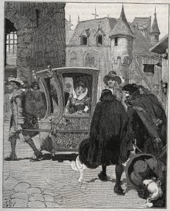 刃物：1675年にノガン（オートマルヌ）に到着したセヴィーニュ侯爵夫人マリー・ドゥ・ラブタン・シャンタル（ラブタン・シャンタル）（1626-1696）の椅子を船頭が取り囲み、ナイフを売っている。1885年の「Les arts et metiers il」に掲載されている図版 作： Unknown artist