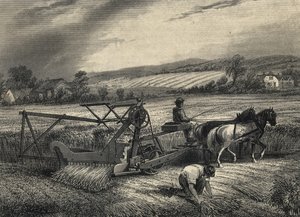 1851年のクリスタル・パレス博覧会に出展された、1831年のサイラス・マコーミックの刈り取り機。 作： Unknown artist