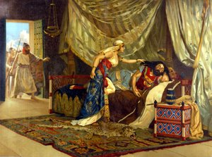 ダリラはサムソンの髪を切ろうとしているが、彼女の強さを改める。19世紀。 作： Unknown artist