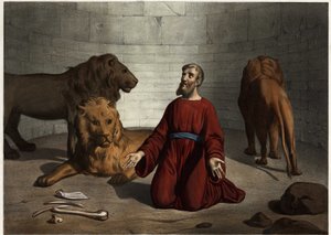 王によってライオンに投げ込まれたダニエルは、主の天使によって保護され、獣たちを鎮めます。19世紀中頃の匿名の彫刻。 作： Unknown artist