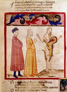 ダンテとヴァージルは、竜に食われる罪人の魂と出会う。ダンテ・アリギエリ(1265-1321)の「ディヴィーナ・コメディア」から地獄の歌を描いたイルミネーション・ページ。14世紀、ヴェネツィア、ビブリオテカ・マルチャーナ 作： Unknown artist