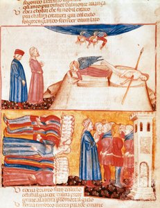 ダンテとヴァージルは、激しく死んだ人々の魂と出会う。ダンテ・アリギエリ(1265-1321)の『ディヴィーナ・コメディア』より、反煉獄の歌を描いたイルミネーションページ。14世紀、ヴェネツィア、ビブリオテカ・マルチャーナ