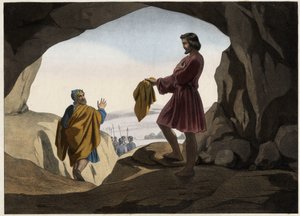 ダビデは自分のマントの切れ端をサウルに見せた。ダビデは、神によって洞穴に引き入れられたサウル王を殺すことを拒み、彼のマントの一部だけを切り取った。19世紀中頃の匿名の彫刻。