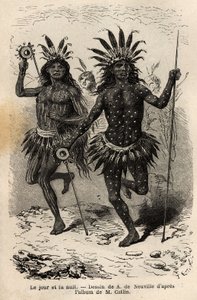 昼と夜、ミズーリ左岸のマンダンズ・インディアン（またはヌマ・カ・キエ：キジ）の間で、酋長とその仲間が実行した宗教的儀式と償いの踊り手の体に描かれた絵。抜粋を説明するためのエングレーヴィング 作： Unknown artist