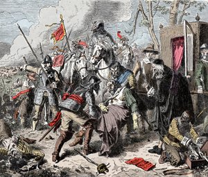 三十年戦争中の1632年に行われたレイン・アム・レヒの戦いでのティリー伯爵ジャン・タークラー（1559-1632）の死 - 19世紀末の刻印 - 。 作： Unknown artist