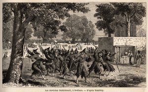 ペルシャのボカラ（イラン）のダービッシュ（Nakhisbendi）。)エミール・バイヤール（1837-1891）が、1863年にアルミニウス・ヴァンベリー（ダービッシュに変装したハンガリー人科学者）が中央アジアを旅行した際に描いたもの。Edouard C.が編集した「Le tour du monde」に掲載されている図版。 作： Unknown artist