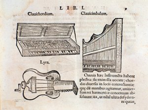 Musurgia seu praxis musicaeのハープシコードと竪琴(？)のページの説明 作： Unknown artist