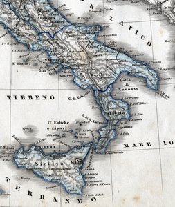 南イタリア（カンパニア、カラブリア、シチリア、プーリア、モリーゼ・アブルッツォ地方）の地理地図の詳細。19世紀 作： Unknown artist