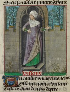 Detail of a miniature of the allegorical figure of Vilenie (Villainy), in the second column of the folio, from 