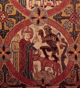 聖マルティンの誘惑」を描いた刺繍の詳細。アイスランドのタペストリー。1390-1403.パリ、国立中世美術館、テルム・ド・クリュニー 作： Unknown artist