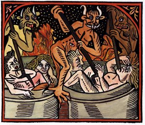 地獄の釜で人を料理する悪魔たち