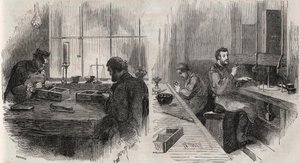 オランダの工房で行われているダイヤモンドカッティング：スプリッターとポリッシャー - Engraving In "Le Monde Illustré" 作： Unknown artist
