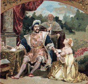 ディアヌ・ド・ポワチエ（1499-1566）ブリーズ家の女性がアネ城（ウール＝エ＝ロワール）で、ブルボン家のコネタブルの犯罪組織に手を染めたことで失脚した父の恩寵をフランソワ1世（1494-1547）に懇願している。肖像画のクロモリトグラフ 作： Unknown artist