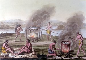 フロリダ・インディアンの食事・料理風景。17世紀のエングレーヴィング。 作： Unknown artist