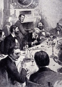 ヴィクトル・ユーゴーの「食卓」と、フランスの俳優ジャン・モーネ・サリー（Mounet-Sully）（1841 - 1916）。19世紀のエングレーヴィング。 作： Unknown artist