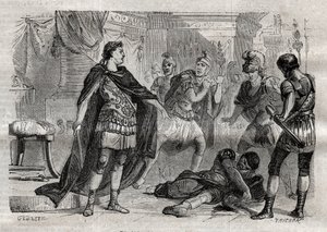 ディオクレティアヌス (Caius Aurelius Valerius Diocletianus Augustus) (244-311) dying Lucius Flavius Aer - "Dictionnaire populaire illustrious" に刻まれたもの - 1864年 - Joseph December と Edmond Allonier によるもの -。 作： Unknown artist
