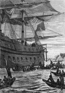 Discovery des Indes：太平洋におけるウォリスの航海、コロン人に会いに行く先住民-ジュール・ヴェルヌ著「Les Voyageurs du 18eme et 19eme ecle」（Hetzel et Cie, Paris編）に掲載されています。 作： Unknown artist