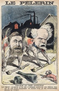 社会主義者ジャン・ジョレス（1859-1914）（左）とアンリ・ロシュフォール（1831-1913）（右）の争い。1898年6月19日付の「ル・ペレラン」紙に掲載されたイラスト。 作： Unknown artist