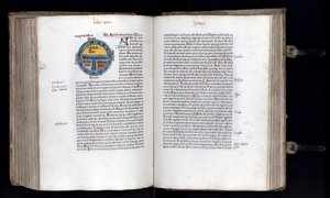 T-O(T O)モデルの世界地図が2ページに渡って描かれており、3つの大陸（アジア、アフリカ、ヨーロッパ）が表現されています。イシドル(セビリアのイシドル)の写本「エチモロジアエ」(560/570-636)12世紀1472 作： Unknown artist