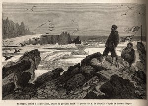 北極点の自由海に到着したヘイズ博士、遠征の目的、アメリカの星条旗を植える。1860年から1862年にかけて、アメリカ海軍の外科医ヘイズ博士が行った北極圏の自由海への航海を説明するためのエングレーヴィング。 作： Unknown artist