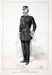 ルディル博士、市警の主任医務官（1867年～1877年）。セーヌ川警部のルイ・ルピーヌ（1846-1933）の後援で出版された本「平和の戦士たちの歴史」の挿絵のためのカラー・エッチング。