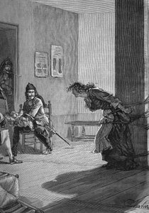Dragonnades (1685-1686) - プロテスタント家族の拷問：王の兵士、ドラゴン、母親が棒に付けられている間に赤ん坊を抱いている。19世紀のエングレーヴィング。ジュール・ミシュレ著「フランス史」より 作： Unknown artist