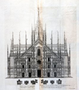 ミラノのドゥオモのファサードを描いたもので、建物本体との統一感がある。17世紀頃には、未完成だったファサードを完成させるために、多くの建築プロジェクトが設計されました。 作： Unknown artist