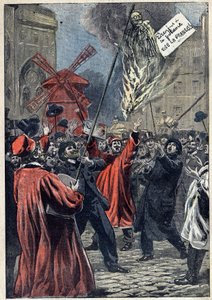 ドレフュス事件 - パリ - 1898年：モンマルトルでの反ユダヤ主義者の示威行為。アルフレッドの弟であるマルタン・ドレフュスの彫像が広場でブリュレされ、首にはサインがかけられている。"ドレフュスは絞首台へ。フランス万歳！」。Le Pelerin』誌に掲載されたJ. 作： Unknown artist