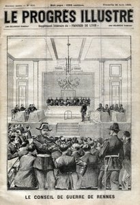 ドレフュス事件レンヌ裁判。戦時評議会でのアルフレッド・ドレフュス（1899年）。8月20日の「Le progresses de Lyon」の表紙 作： Unknown artist