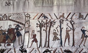 ギヨーム公が船の建造を命じ、木が伐採された - マチルド王妃の刺繍として知られるバイユーのタペストリー 作： Unknown artist