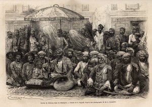 ドレポー王国（ラージャスターン州）のマハラジャ・ラナのダルバール（王子国家の封建的・法的評議会）。ルイ・ルースレが1864年から1868年にかけて描いた「ラジャのインドを描くための版画」（1872年、エドゥアール・シャル編『世界旅行』に掲載 作： Unknown artist