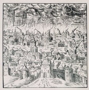 バーデンの地震-「1562年から1586年までのフランスの災難を表す39図のコレクション」（ルイ・ペラン印刷）の中にある。 作： Unknown artist