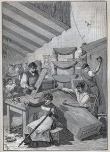 エベニステリー：切手のニス塗り作業場。Adolphe BITARDの "Les arts et metiers illustres "に掲載された1885年の版画。 作： Unknown artist