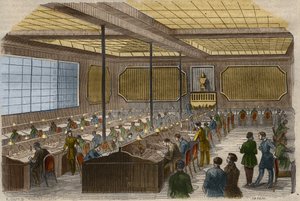 電気電信：パリのフランス内務省にある電信線の中央局の様子。1856年に制作された "科学博物館 "の図版 作： Unknown artist