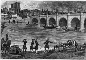 18世紀にイギリスの物理学者ウィリアム・ワトソン（1715-1787）がテムズ川のほとりで行った電気石の実験。1889年5月18日の「La Nature: revue des sciences et de leurs applications aux arts et a l