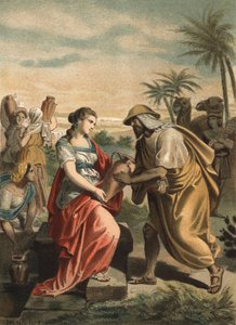 アブラハムの召使であるエリエゼルは、後にイサクの妻となるレベッカを見つけたところ。1881年のエングレーヴィング（Juan Justo Huguet著「El Culto de la Hermosura」、Molinas Hermanos編集部刊