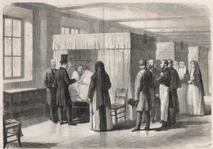 皇帝ナポレオン3世(1808-1873)がコレラ患者のためにホテル・デューの部屋を訪れ、彼らと話している様子 - Engraving In "The Illustrous World"