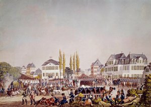 皇帝ナポレオン1世（1769-1821）がフランクフルトで軍隊を閲兵している様子。1813年のエングレーヴィング。フランクフルト、歴史博物館 作： Unknown artist