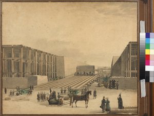 アレクサンダー・コラムの建設現場を訪れる皇帝ニコライ1世 - Anonymous.紙に水彩画、1836年以降。サンクトペテルブルク国立歴史博物館 作： Unknown artist