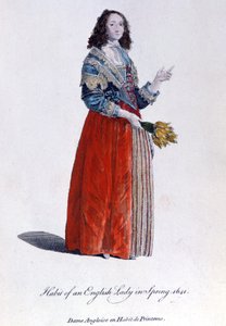1641年、春のドレスを着たイギリス人女性。19世紀のエングレーヴィング。 作： Unknown artist