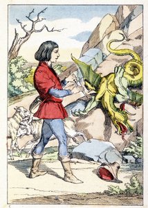 ナイフを持った牧師がドラゴンに立ち向かう様子を描いた版画。牧師がナイフを開いた途端、獣は硬直してしまいました。シャルル・ペローの物語「笛と魔法のナイフ」。