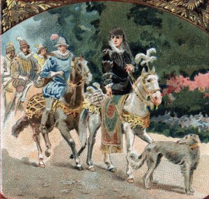 シャルル9世（1550-1574）とカトリーヌ・ド・メディシス（カテリーナ・ド・メディチ）（1519-1589）がシュノンソー城に入城する様子。19世紀末のクロモリトグラフ 作： Unknown artist