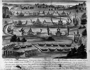 フランス大使のシャム川への侵入-「Voyages du kingdom de Siam, historiques de 1688」に掲載。 作： Unknown artist