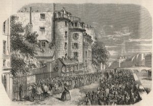 19世紀、1871年以前のパリ、オルフェーヴル通りの角にあるエルサレム通りの警察署の入口-エドモン・テクシエ1852年の「Tableau-de-Paris」に掲載されたエングレーヴィング。 作： Unknown artist